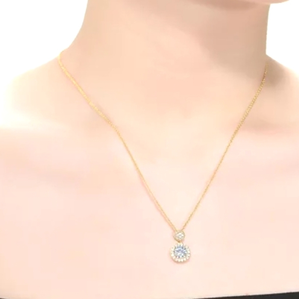 Genevive Sterling Silver 14K Gold Plated w Clear Round CZ Halo Necklace Boxed 02